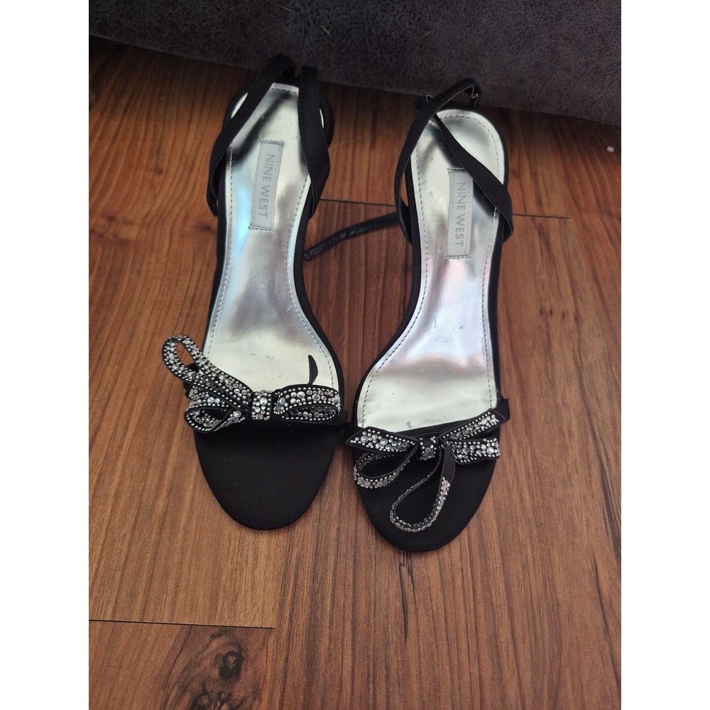 Nine West Black Rhinestone Bow Stiletto Heels Womens 6.5 M WNMARRY7 Ankle Strap